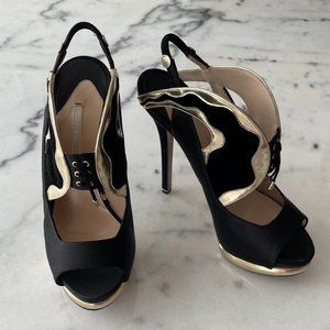 Nicholas Kirkwood Satin, Leather and Velvet Slingback Platform Sandals